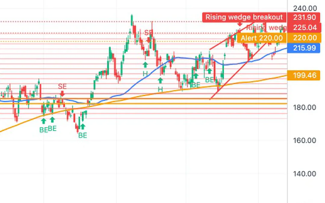 A rising wedge drawn on the NVDA chart with its breakout price of 231.90, candle signals marked on the bars and volume-map bands across the price range