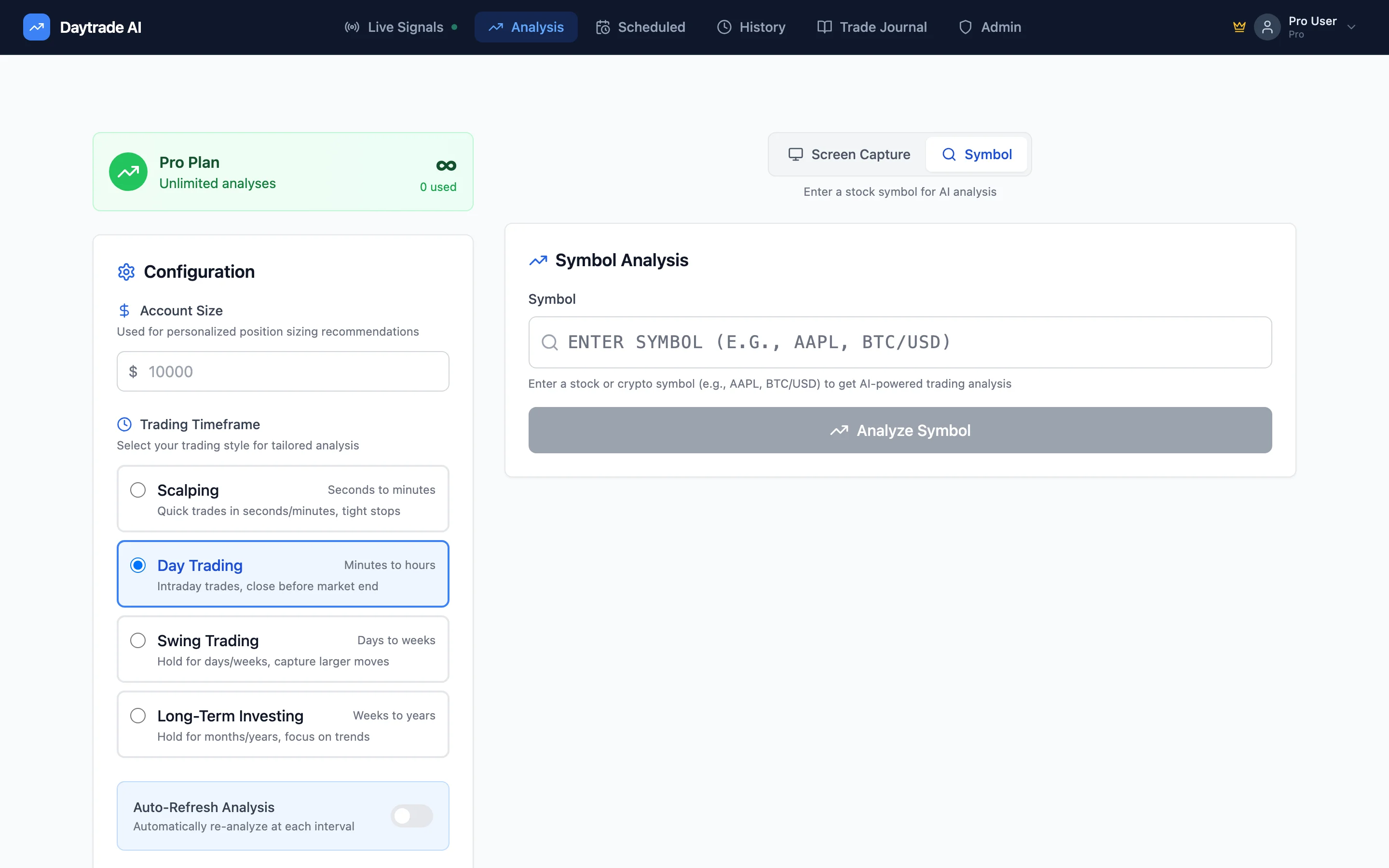 DayTrade AI dashboard showing real-time AI trading analysis with symbol lookup, market data, and trading signals