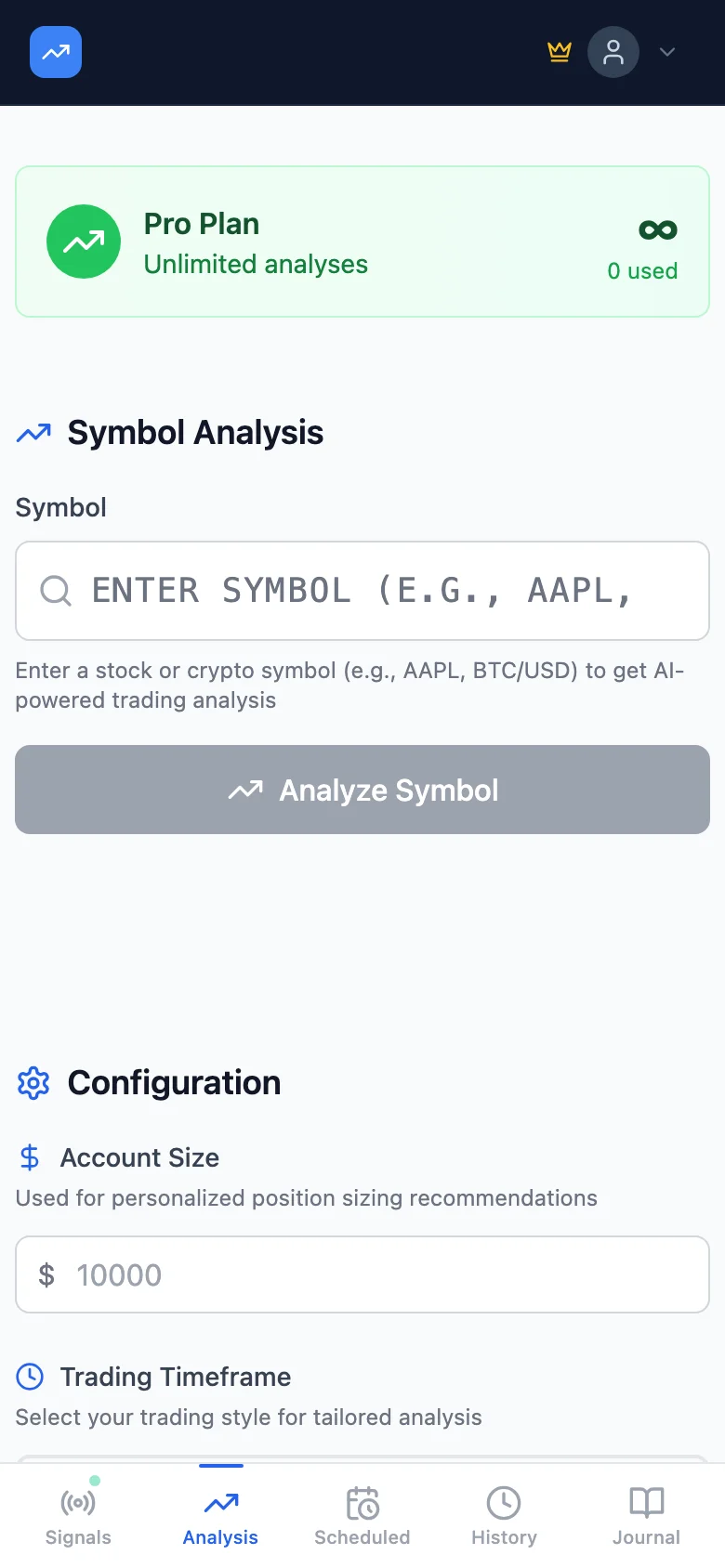 DayTrade AI mobile dashboard showing trading analysis and symbol lookup on a smartphone