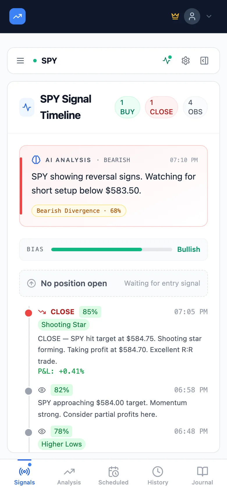 DayTrade AI mobile live trading signals showing real-time AI signals on a smartphone